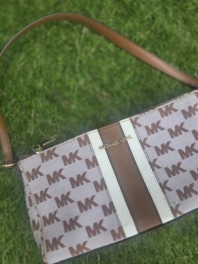 Michael Kors Brown & White MK Logo Shoulder Bag